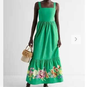 Express Green Floral Maxi Dress With Shoulder Ties, Size XS